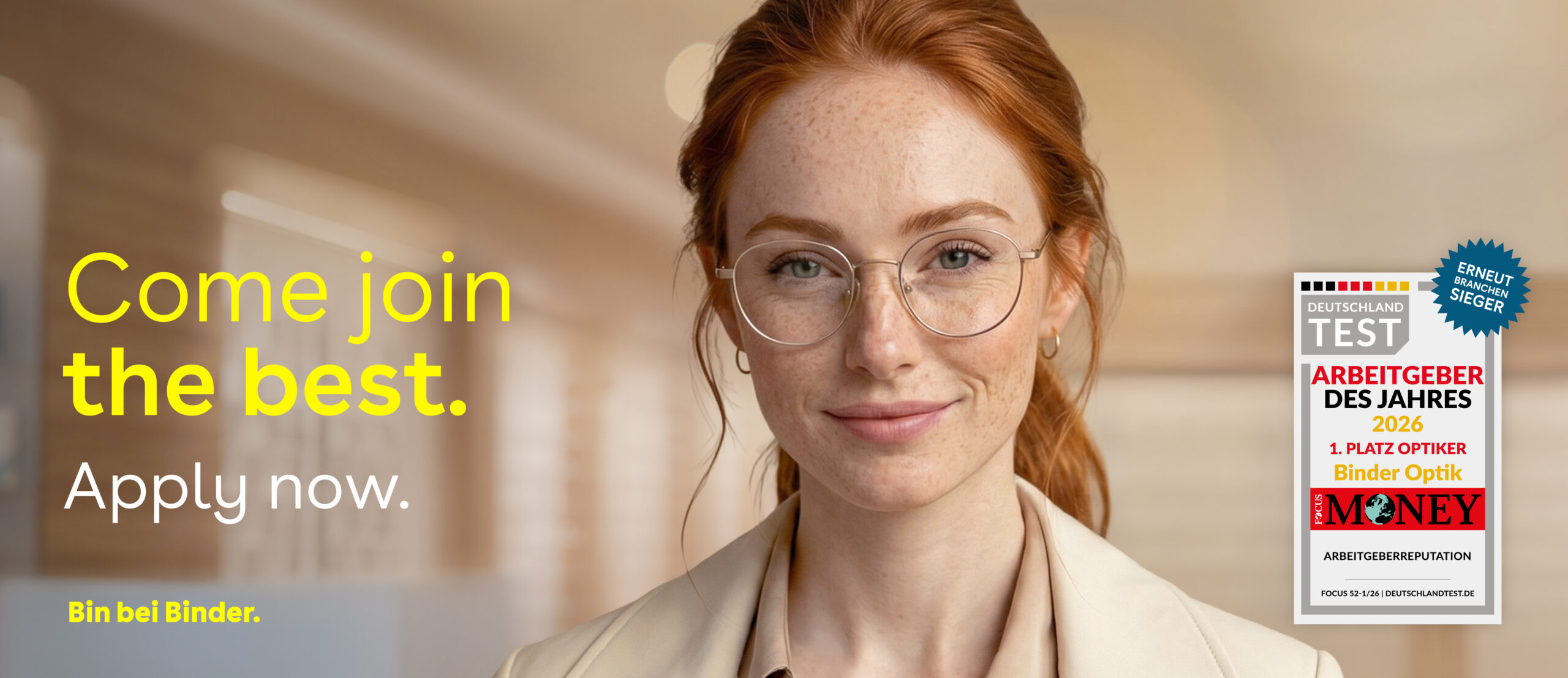 Home page 7 Binder Optik Smiling woman wearing glasses in a clean, professional setting, representing a welcoming workplace and recruitment message for Binder Optik.