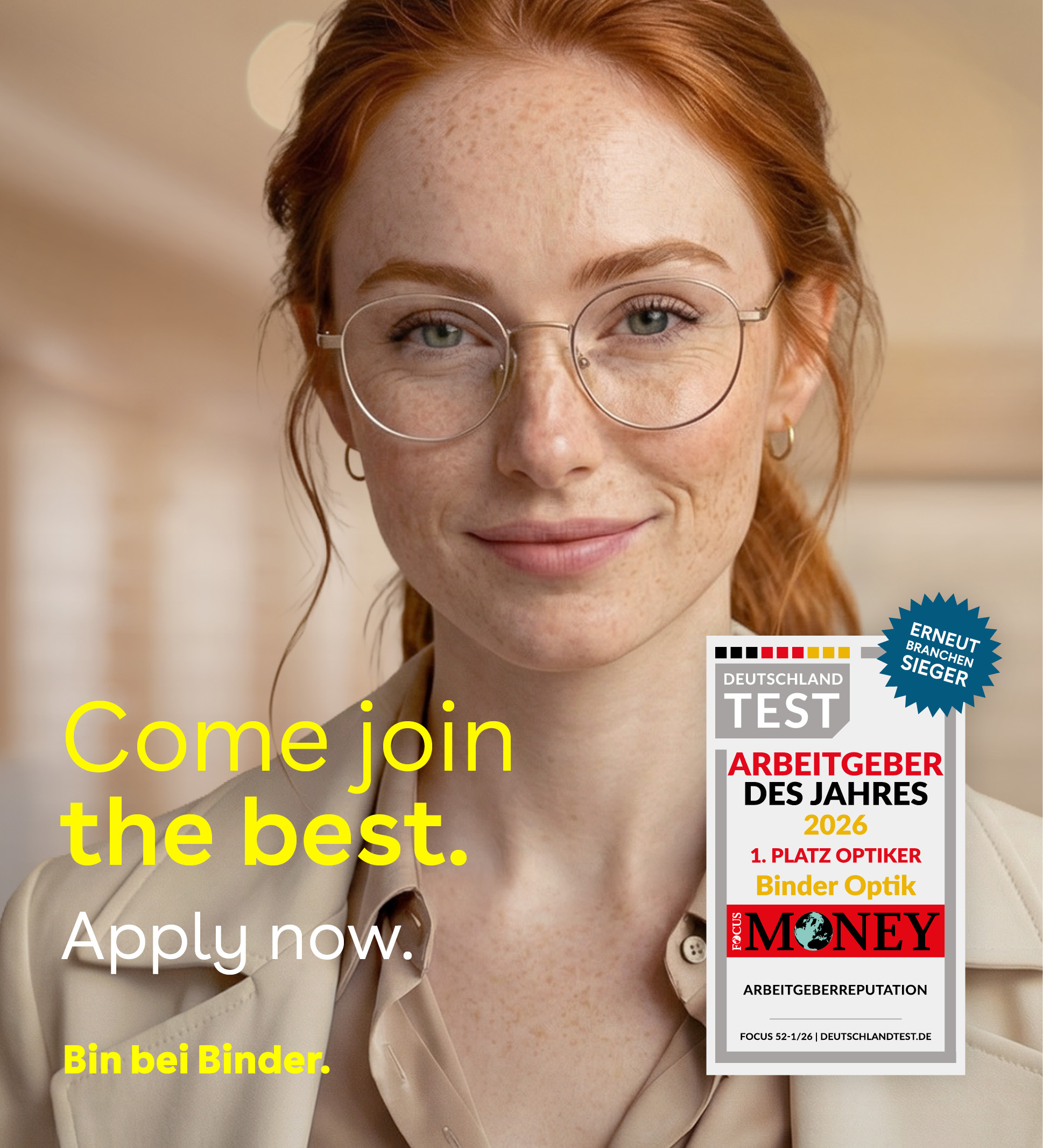 Home page 8 Binder Optik Smiling woman wearing glasses in a clean, professional setting, representing a welcoming workplace and recruitment message for Binder Optik.