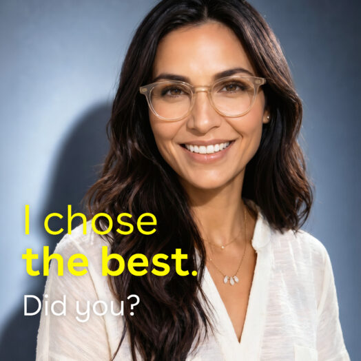 Tile Smiling woman wearing stylish clear-frame glasses against a grey background, with the tagline "Bin beim Besten. Wo bist du?" and a Focus Money award seal naming Binder Optik Germany's best optician 2025.