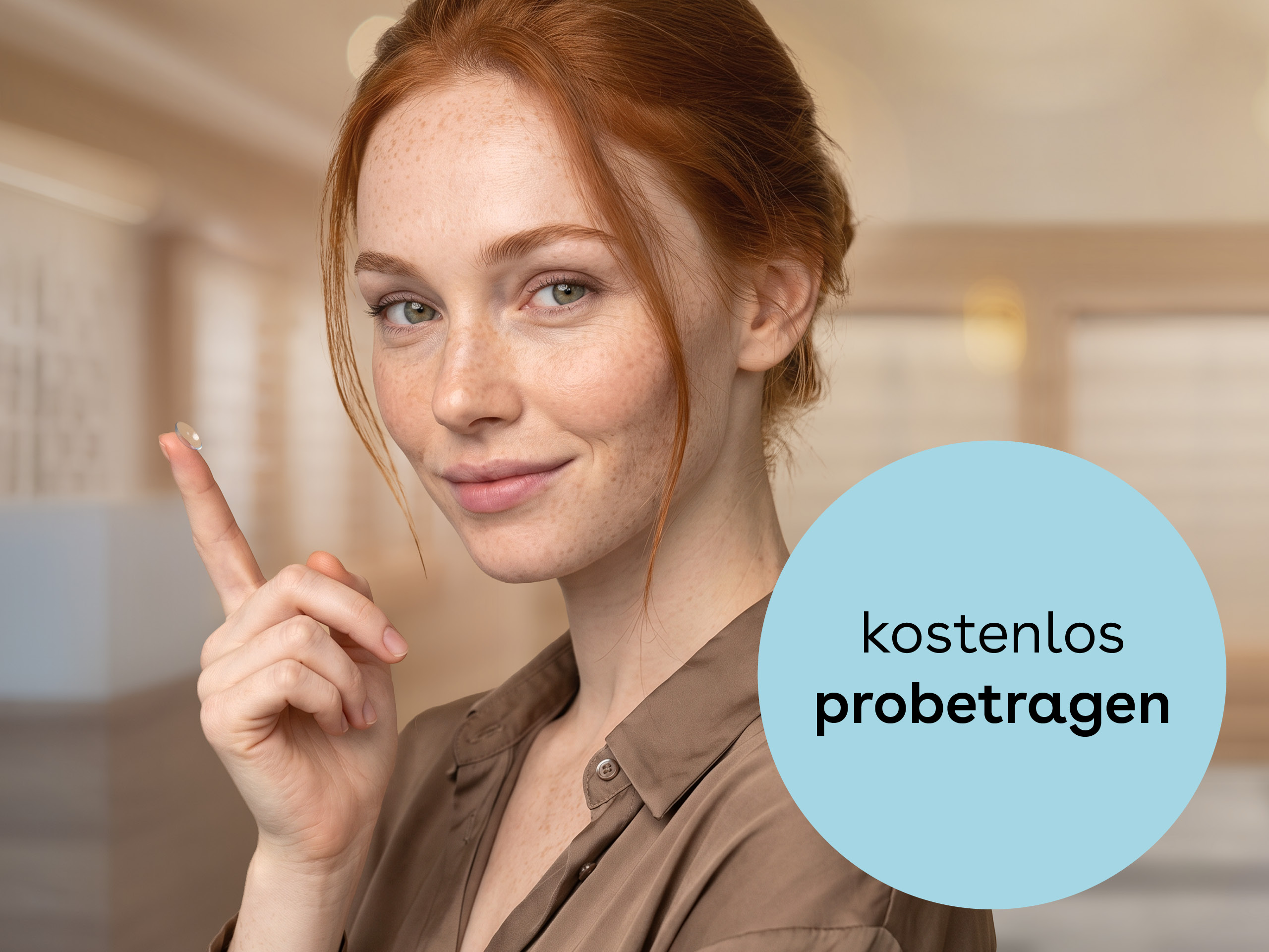 Frau hält Kontaktlinse auf dem Finger – kostenlos probetragen